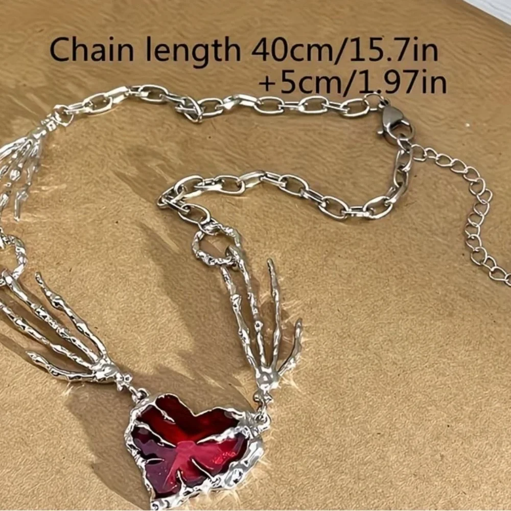 Silver and Red Heart  skeleton hand Necklace